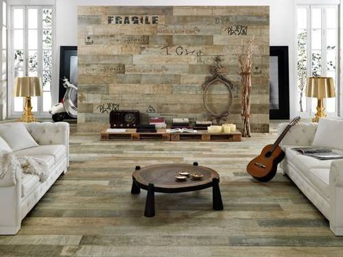 Wood look tiles in feature wall